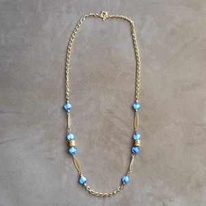Gold Coloured Long Necklace with Blue Glass Beads